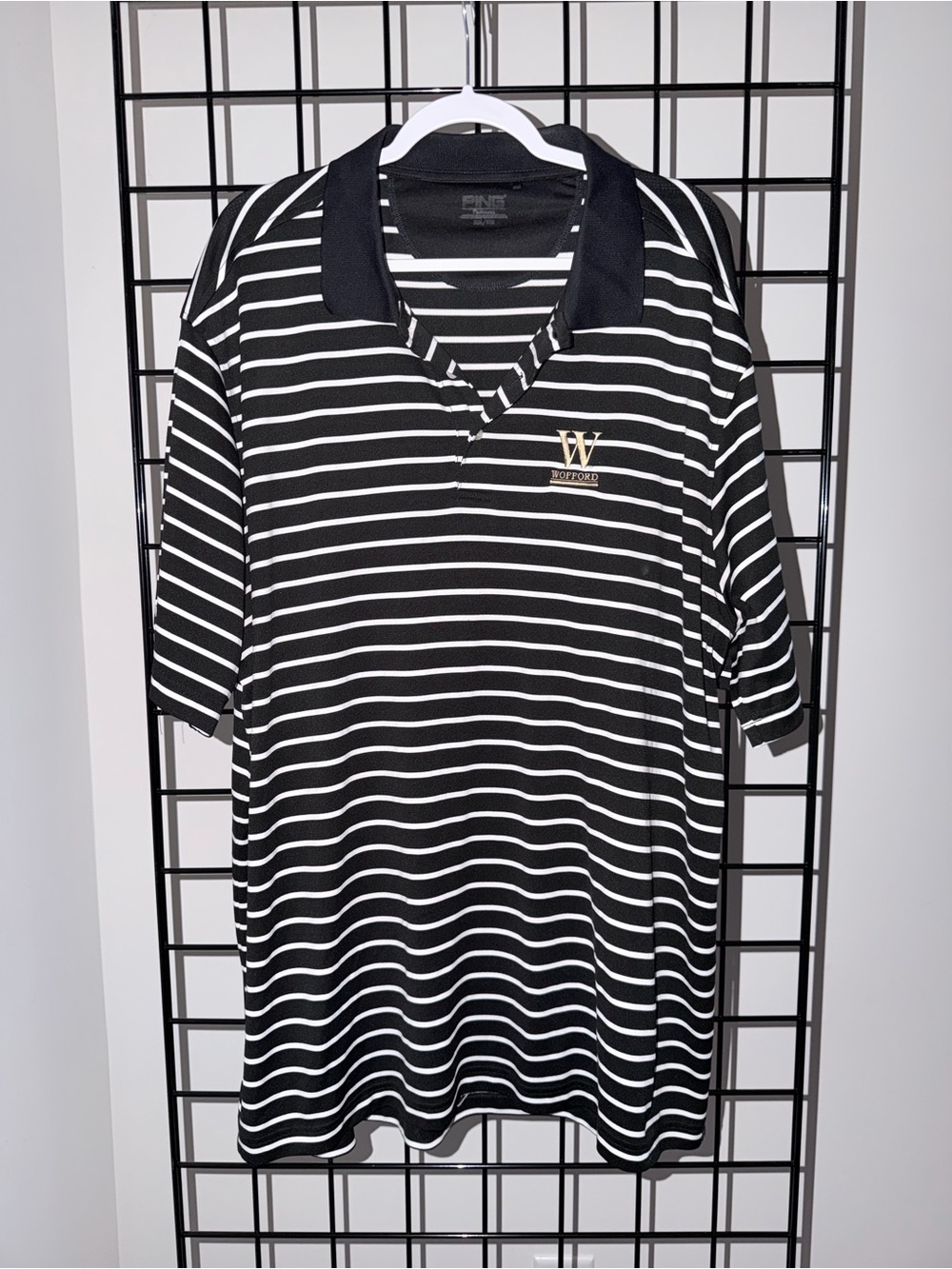 Ping Black and White Striped Polo with Gold Wofford Emblem